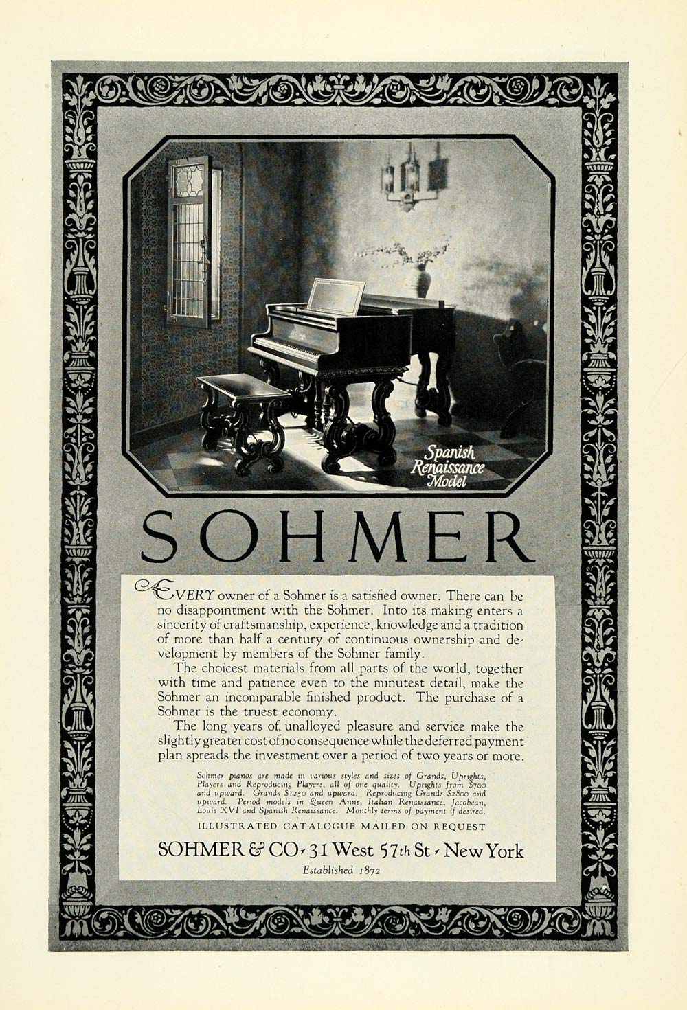 1925 Ad Spanish Renaissance Model Sohmer Grand Piano Musical Instrument NGM1
