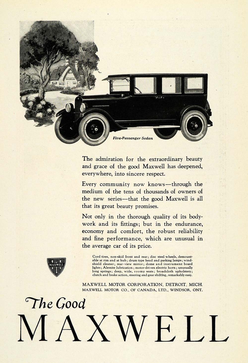 1922 Ad Automobile Five-passenger Sedan Maxwell Logo Motor Corp Detroit NGM1