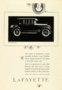 1922 Ad LaFayette Four-Door Coupe Motors Co Indianapolis Vintage Automobile NGM1