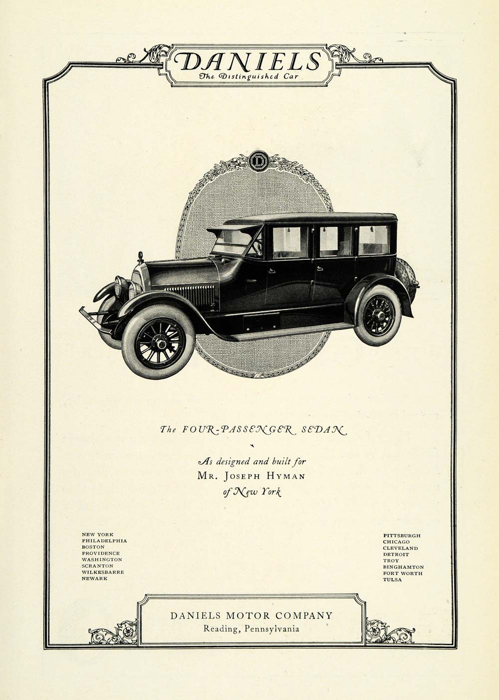 1922 Ad Daniels Four Passenger Sedan Automobile Mr Joseph Hyman New York NGM1