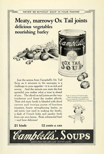 1922 Ad Campbell's Soup Ox Tail Joints Vegetables Canned Food Broth Cans NGM1