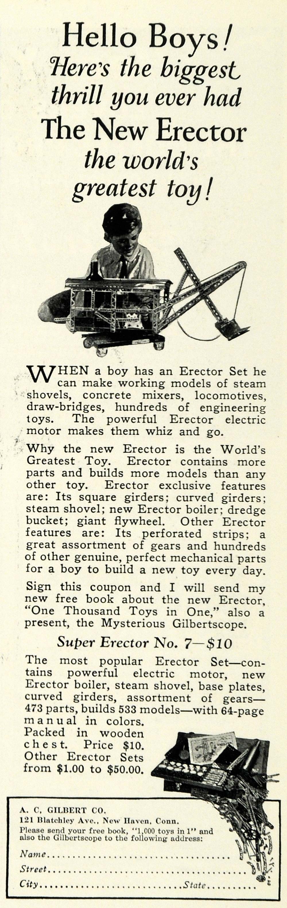 1925 Ad A C Gilbert New Haven Erector Toy Dredge Industrial Car Tools Child NGM1