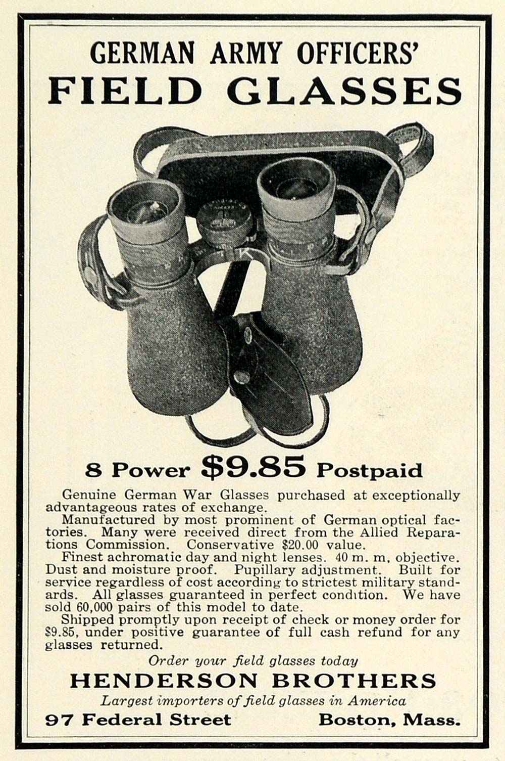1925 Ad Henderson Brothers Filed Glasses German Army Officers Binoculars NGM1