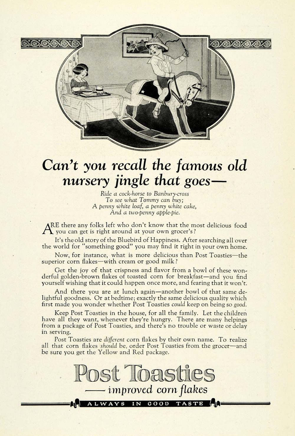 1922 Ad Post Toasties Corn Flakes Cereal Children Nursery Rocking Horse NGM1