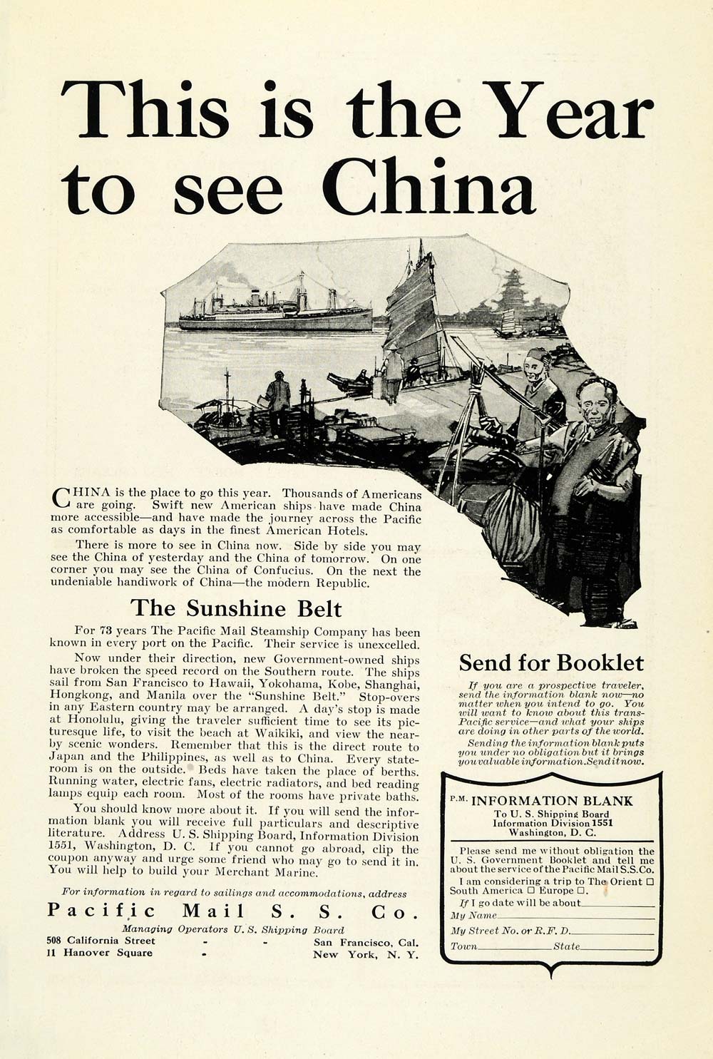 1922 Ad Pacific Mails S S China Ship Sunshine Belt Ship Cruise Vacation NGM1