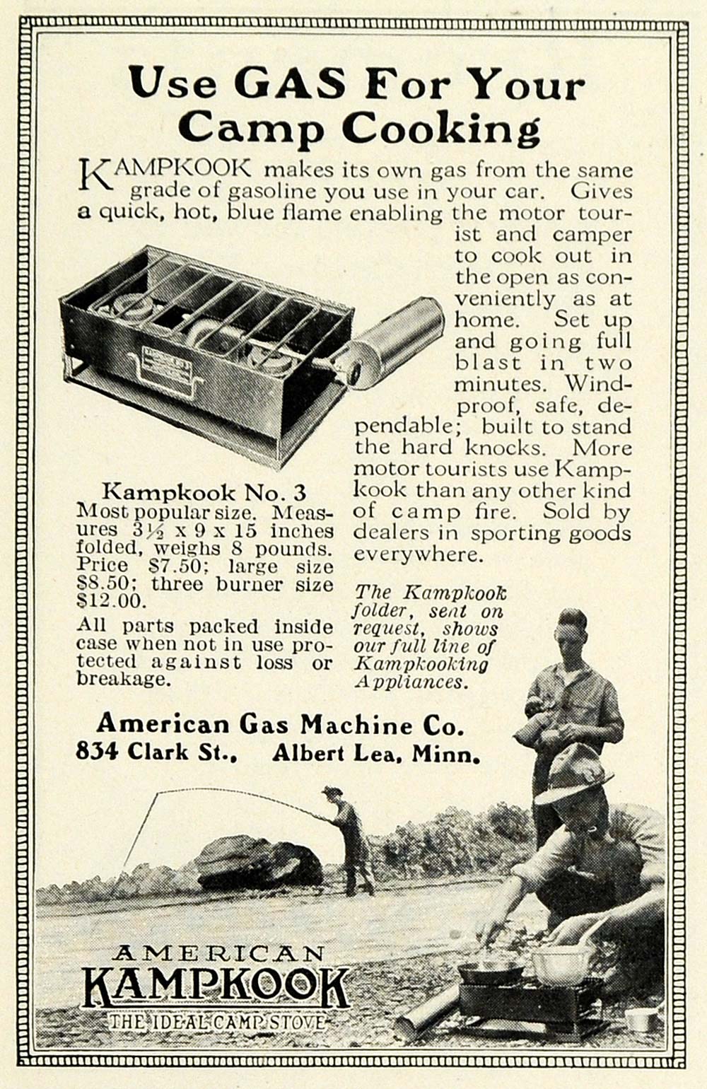 1922 Ad American Gas Machine Kampkook Camp Stove Range Camping Cooking