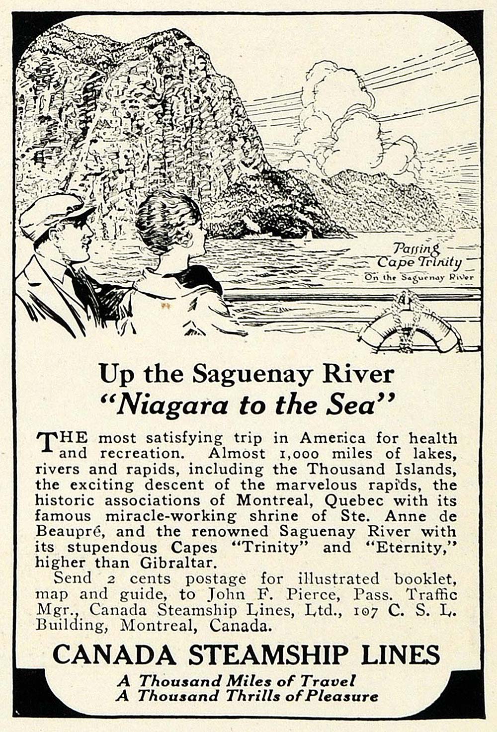 1921 Ad Canada Steamship Lines Cruise Cape Trinity Niagara Saguenay River NGM1