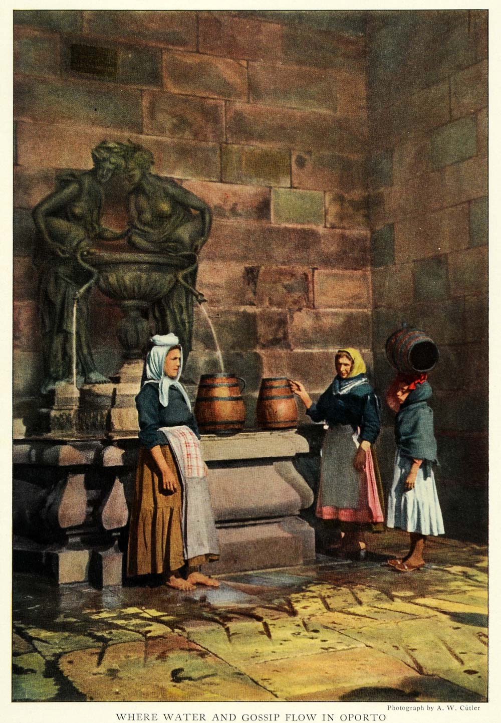 1922 Print Bronze Sculpture Water Fountain Women Carrier Barrel Porto NGM2