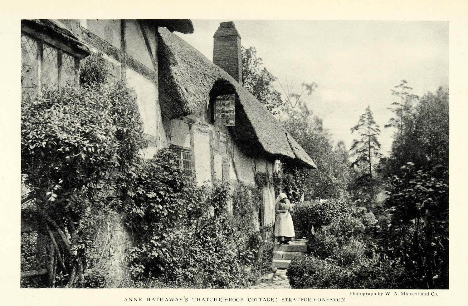 1922 Print Anne Hathaway Thatched Roof Cottage Home Stratford on Avon NGM2