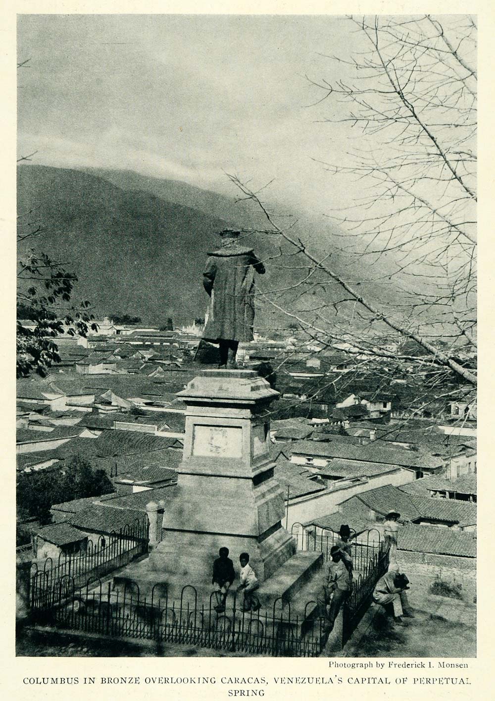1921 Duotone Print Caracas Venezuela Cityscape Columbus Bronze Statue NGM2