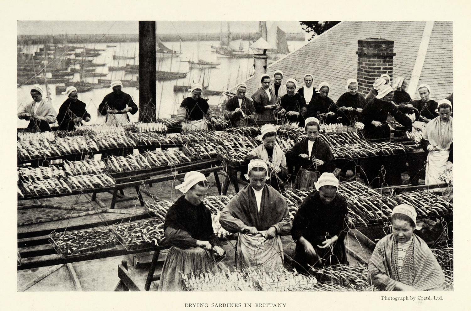 1921 Print Brittany France Women Drying Fishermen Sardines Seafood Daily NGM2