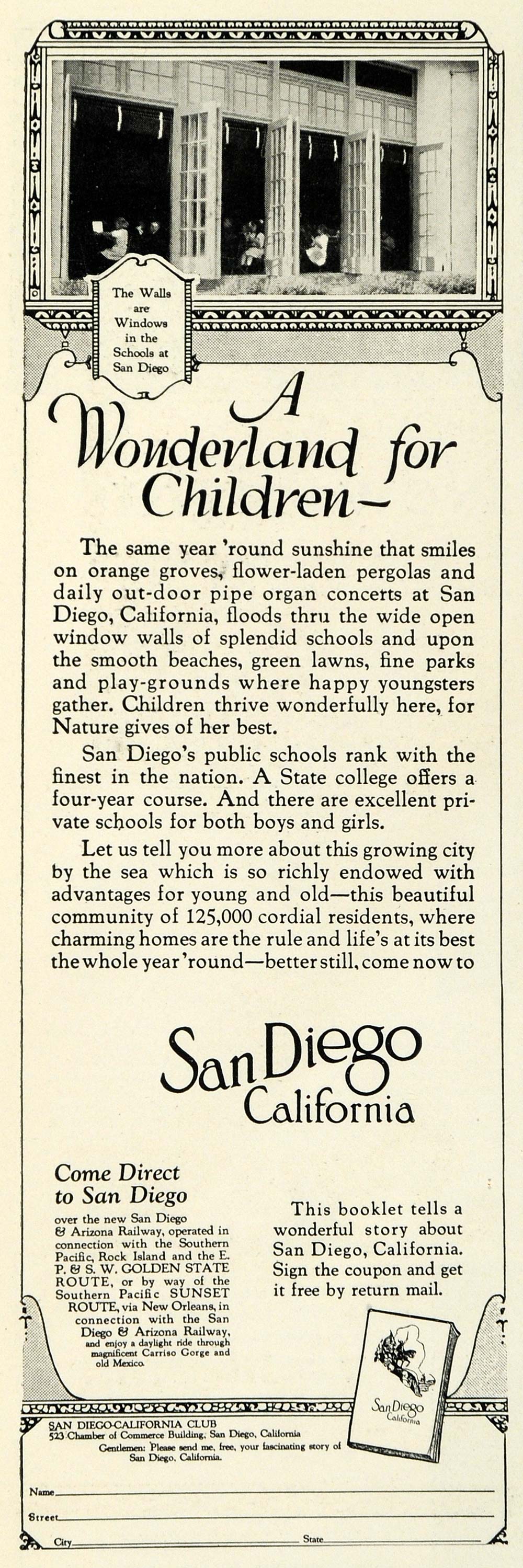1924 Ad San Diego California Club Tourism Children Wonderland Chamber NGM2