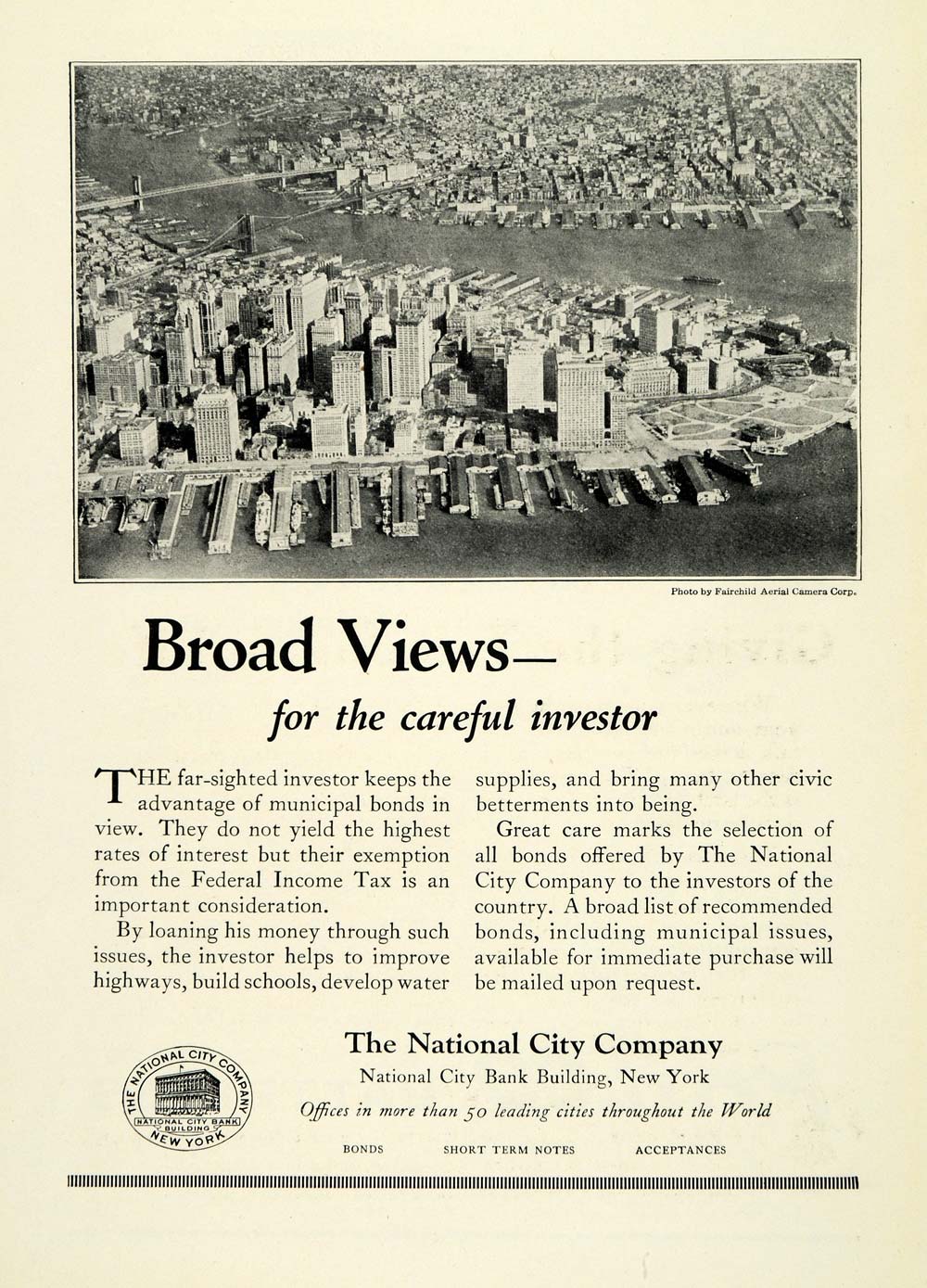 1924 Ad National City Bank Investing Federal Income Tax Loans Bonds NGM2