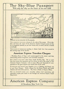 1921 Ad American Express Broadway Passport Traveler Cheques France NGM2