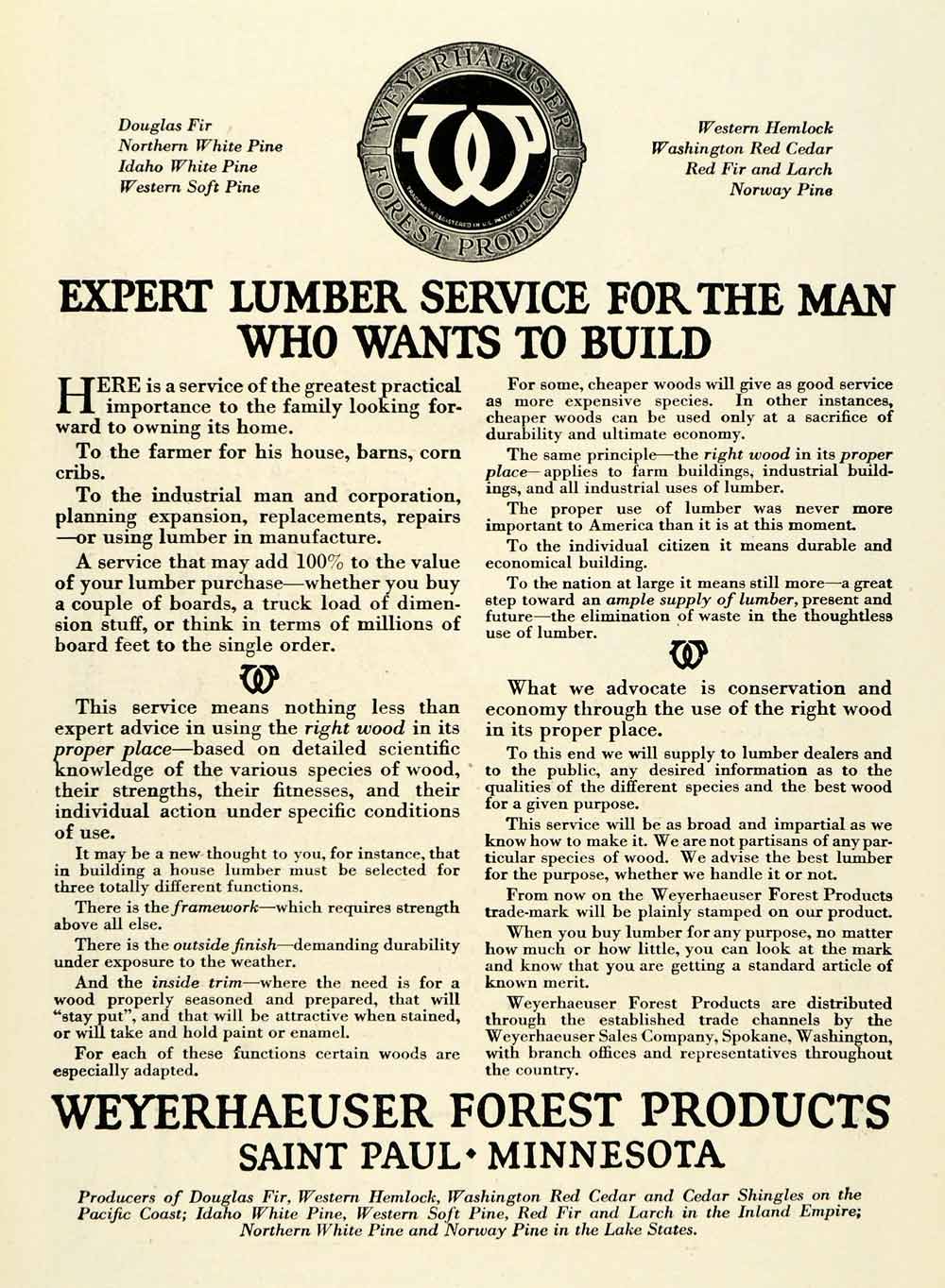 1921 Ad Weyerhaeuser Forest Products Saint Paul Minnesota Douglas Fir Pine NGM2