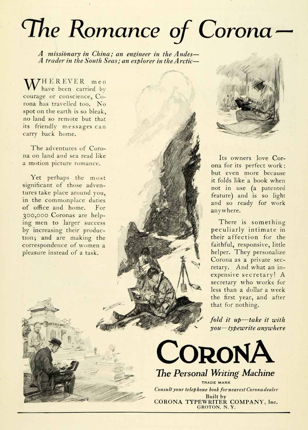 1921 Ad Corona Personal Writing Machine Typewriter Groton Andes Mountains NGM2