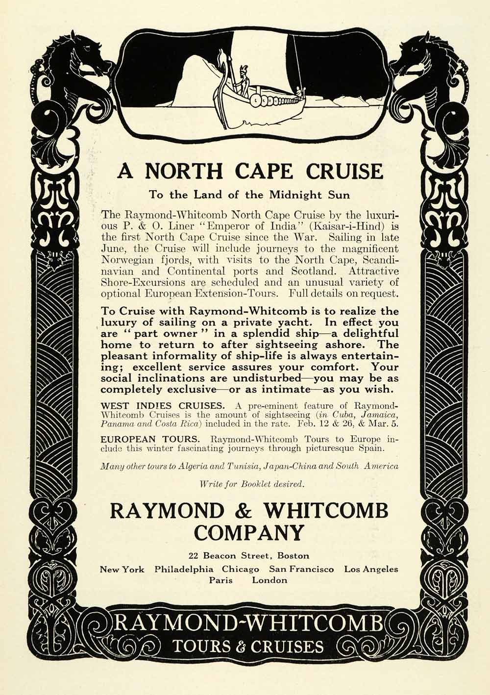1921 Ad North Cape Cruise Raymond Whitcomb Tour Travel P&O Liner Emperor NGM2