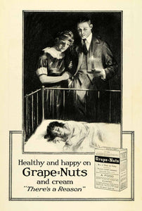 1921 Ad Grape Nuts Postum Cereal Wheat Barley Child Bedroom Crib Battle NGM2
