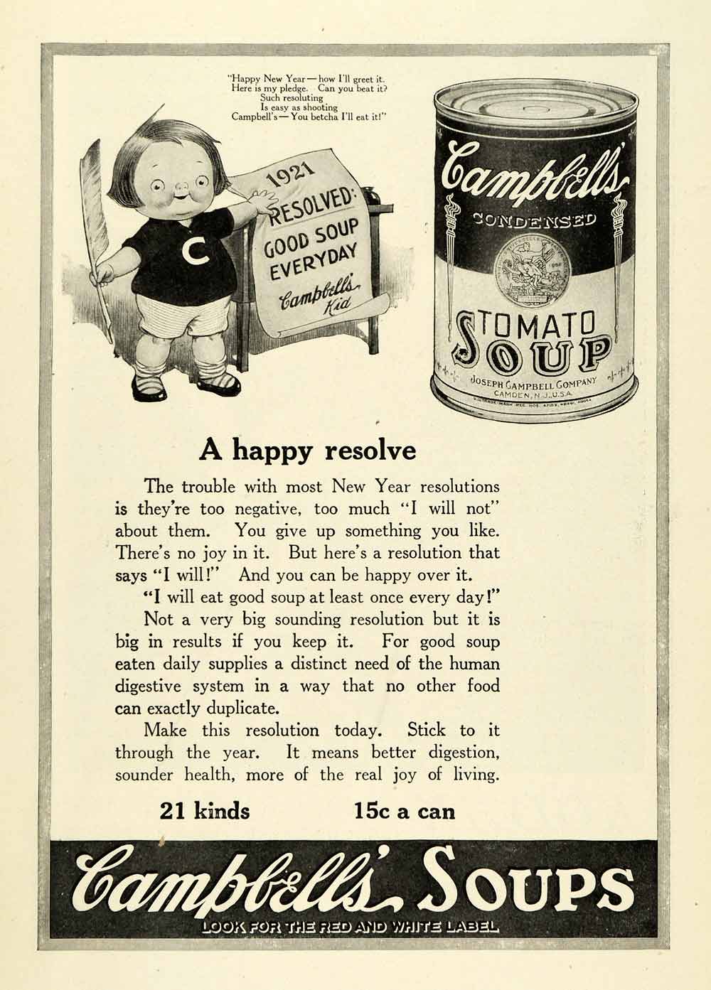 1921 Ad Campbell's Tomato Soup Joseph Camden New Jersey New Year Child Kid NGM2