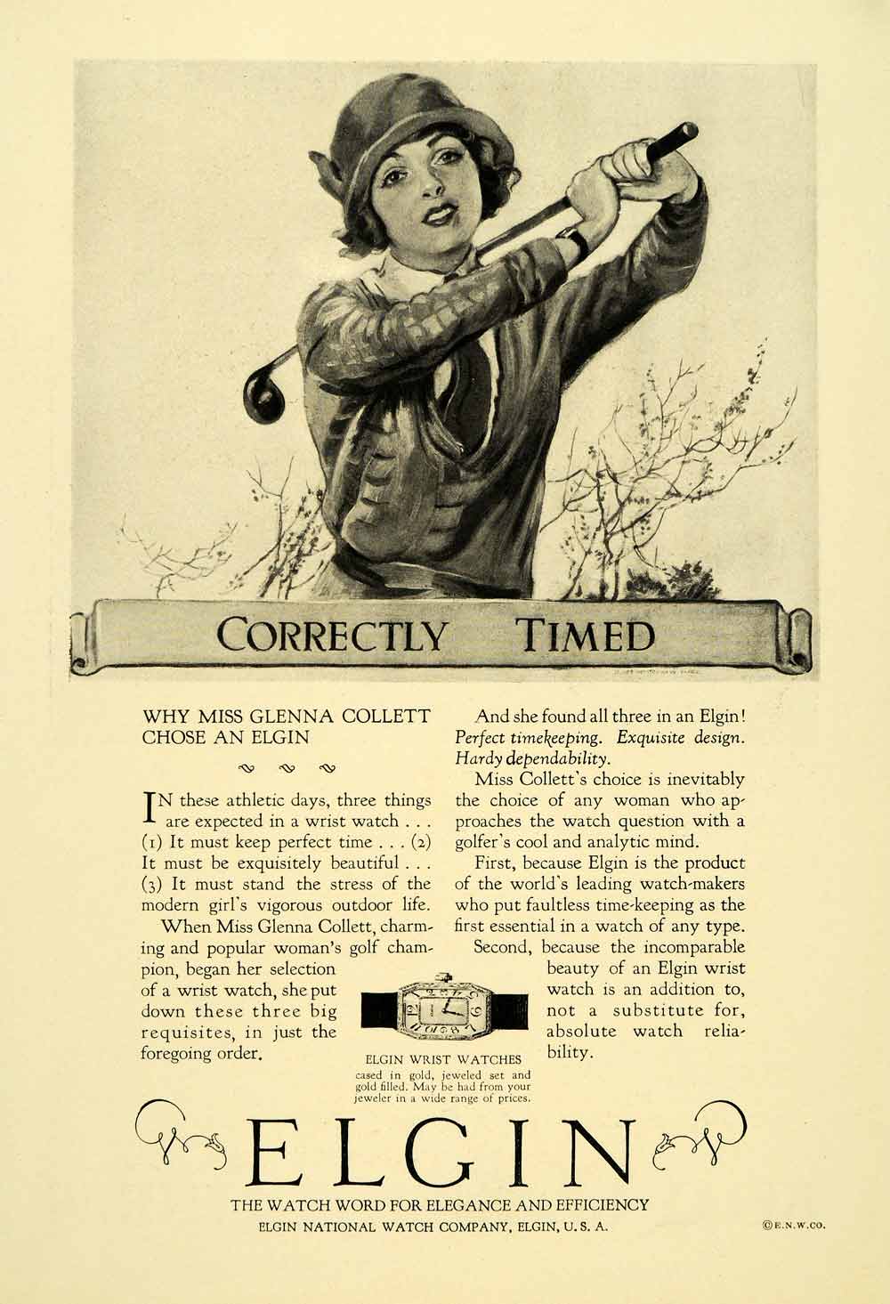 1925 Ad Elgin National Watch Woman Golfer Glenna Collett James Montgomery NGM2