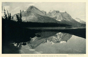 1925 Print Blackmonks Chaba Peak Mountains Athabaska River Lake Canada NGM2