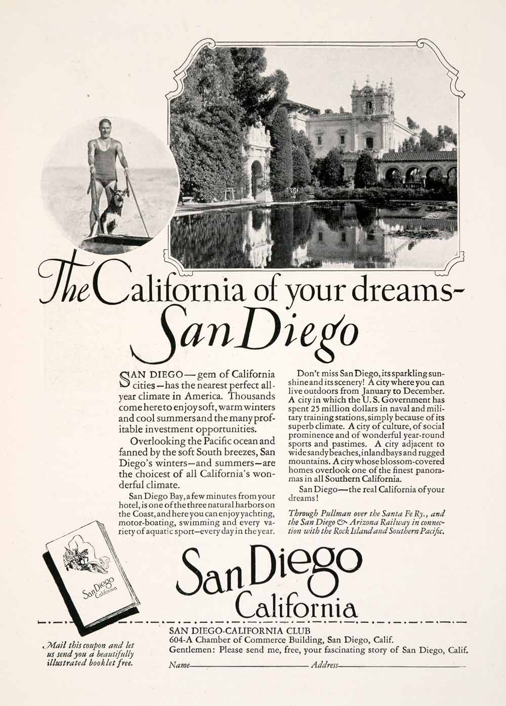 1926 Ad San Diego California Tourism Travel Chamber Commerce Club Pullman NGM3