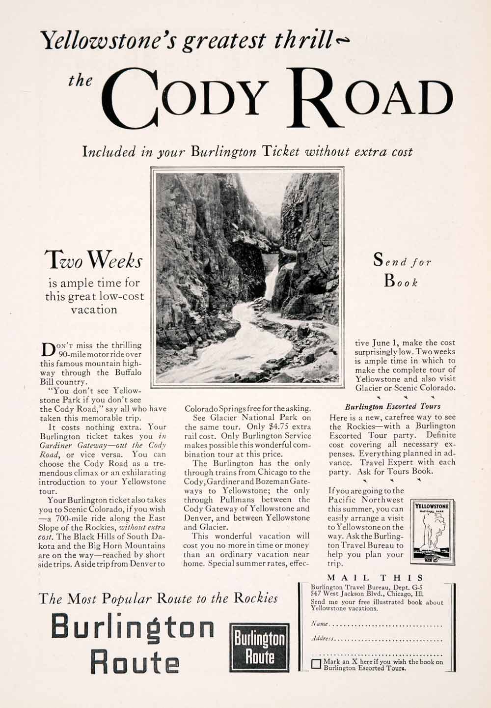 1927 Ad Burlington Route Cody Road National Park Yellowstone Chicago NGM3