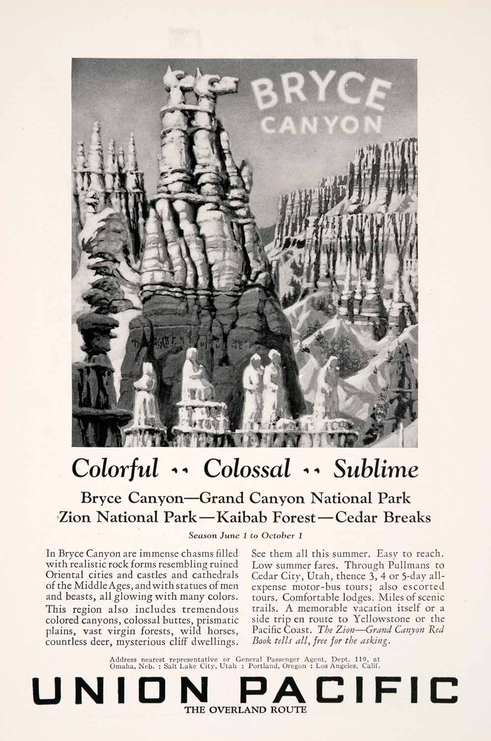 1927 Ad Union Pacific Overland Bryce Canyon Chasm Route Railroad Train NGM3
