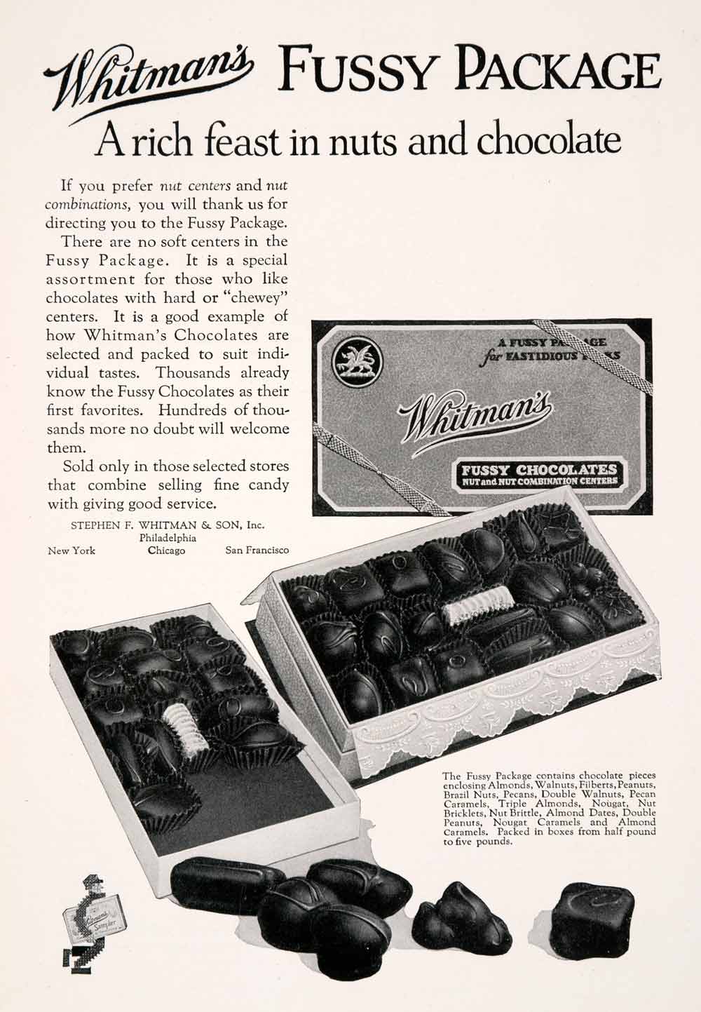 1927 Ad Stephen Whitman's Fussy Package Nut Cocoa Chocolate Dessert Candy NGM3