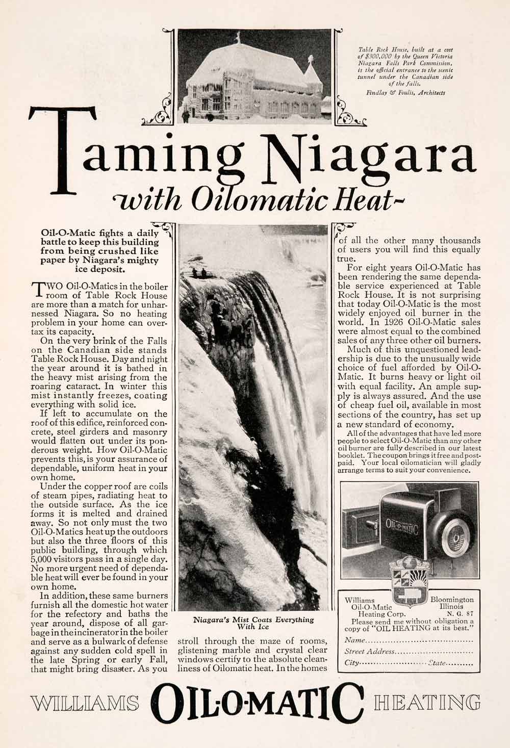 1927 Ad Oil-o-Matic Williams Heating Niagara Falls Table Rock House Home NGM3