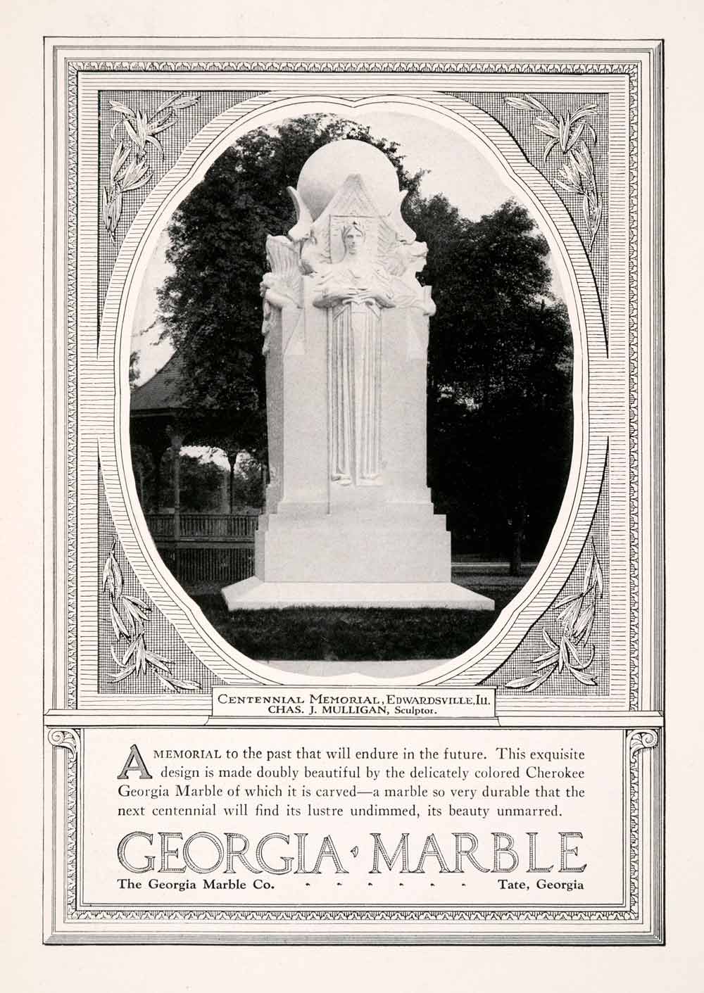 1927 Ad Georgia Marble Centennial Memorial Edwardsville Charles Mulligan NGM3