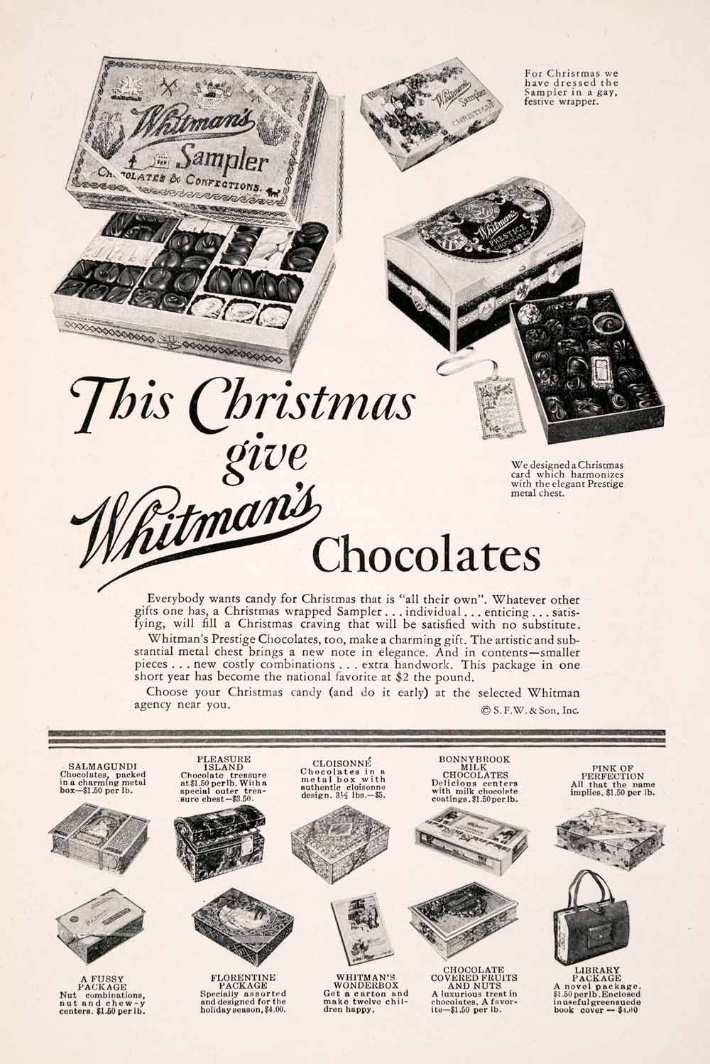 1928 Ad Christmas Gift Holiday Whitman Chocolate Cocoa Stephen Sampler NGM3