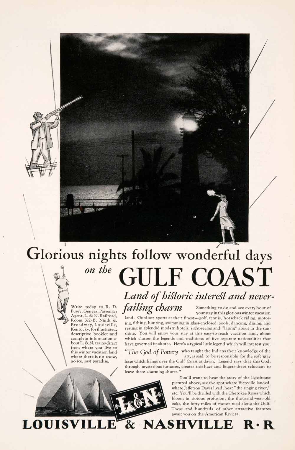 1928 Ad Louisville Nashville Railroad Gulf Coast Pottery Boat Lighthouse NGM3
