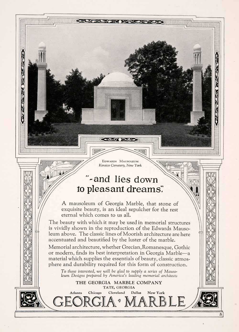 1929 Ad Georgia Marble Tate Moor Edwards Mausoleum Kensico Cemetery New NGM3