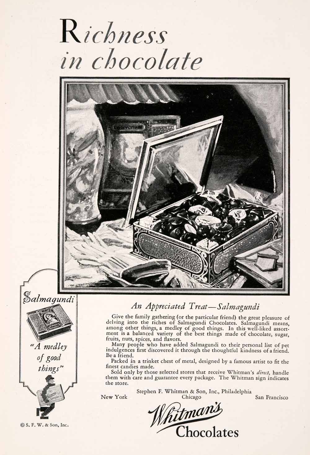 1929 Ad Chocolate Stephen F Whitman Cocoa Salmagundi Dessert Candy NGM3