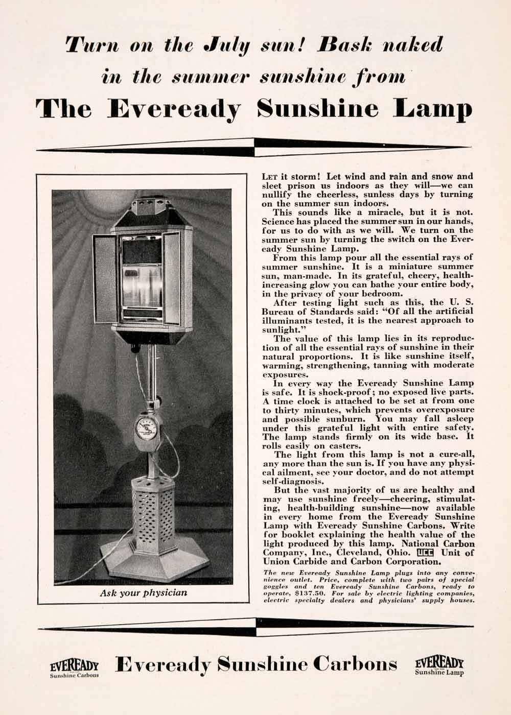 1929 Ad Eveready Sunshine Carbons Lamp Artificial Sun Light National NGM3