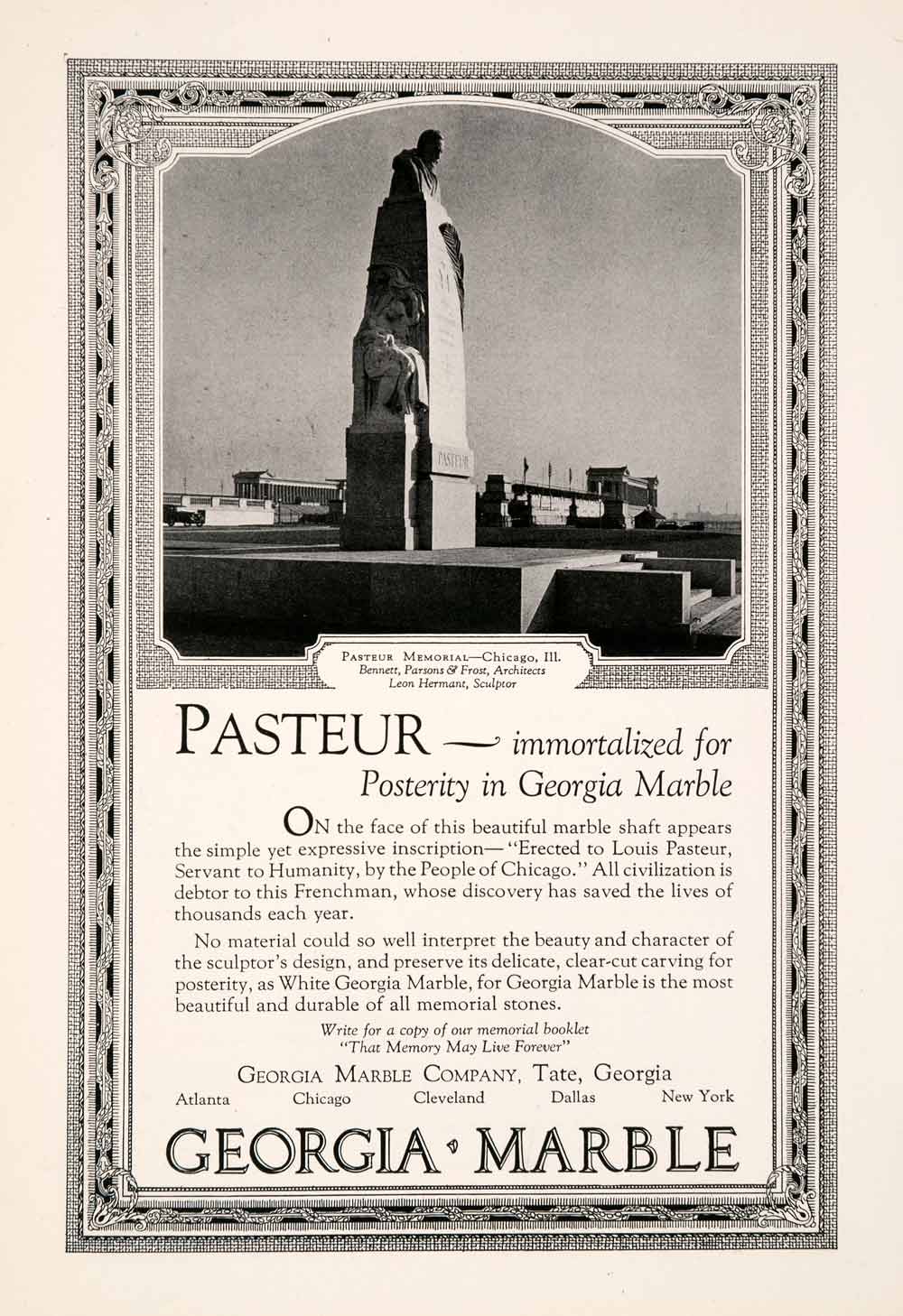 1929 Ad Georgia Marble Tate Louis Pasteur Memorial Chicago Illinois Leon NGM3