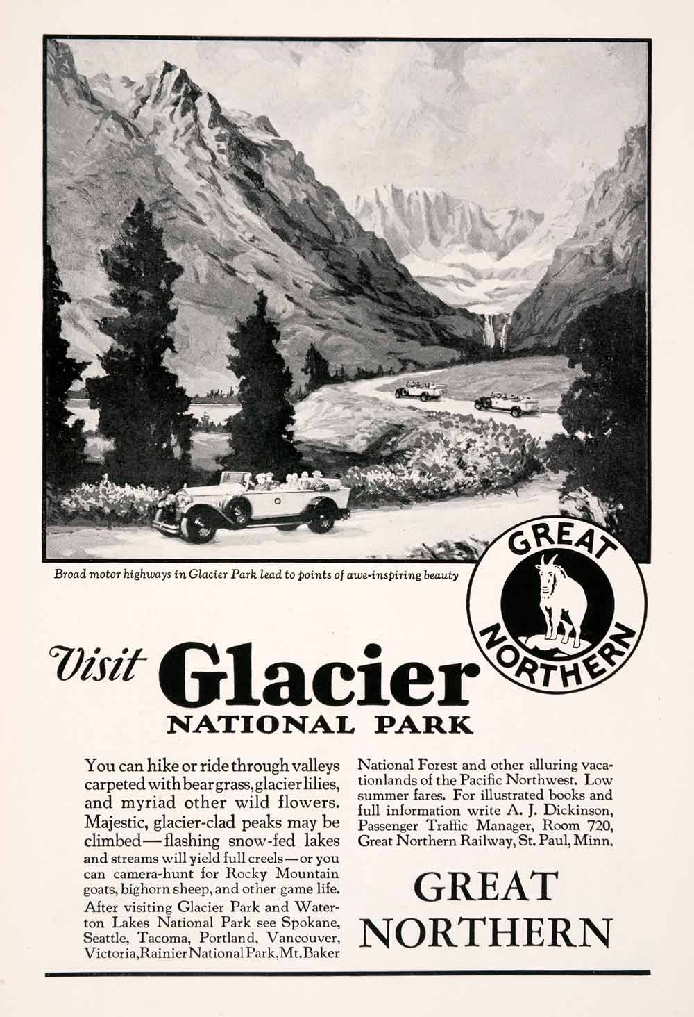 1929 Ad Great Northern Railway Train Glacier National Park Travel Antique NGM3