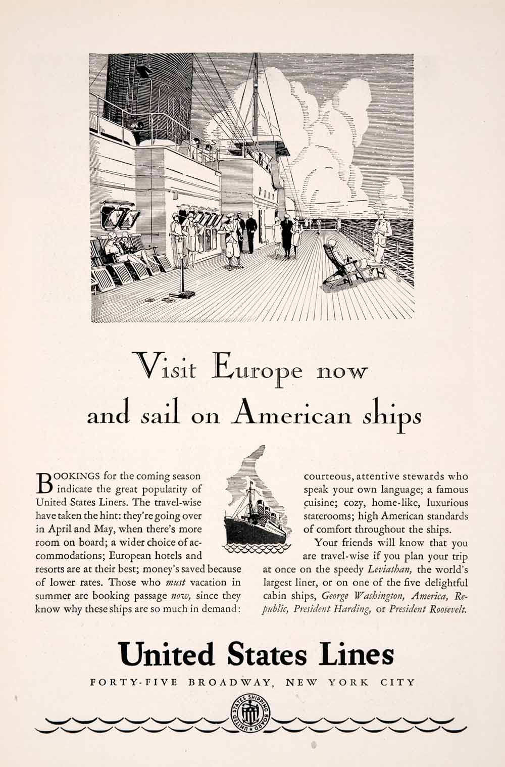 1929 Ad United States Cruise Ship European Vacation Lido Deck Tourism NGM3