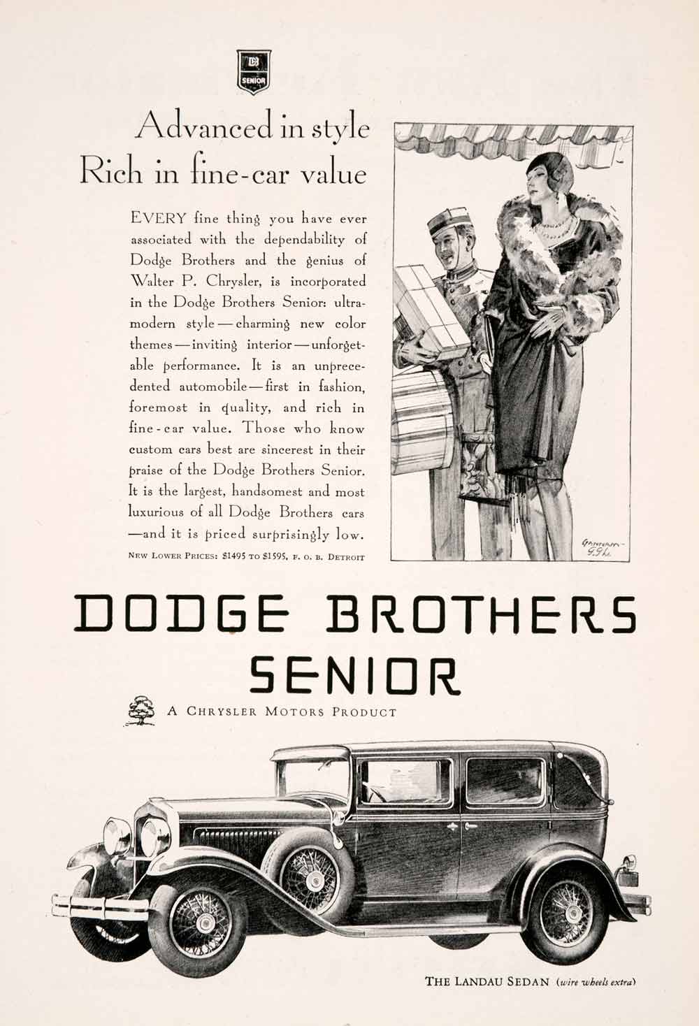1929 Ad Antique Dodge Brothers Senior Landau Sedan Chrysler Fur Wrap Gannam NGM3