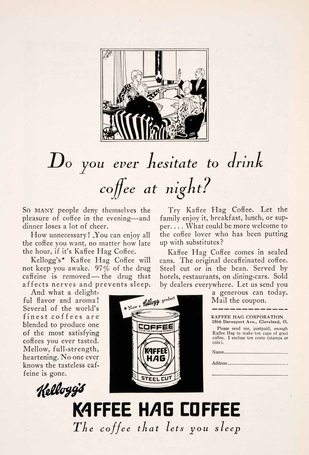 1929 Ad Kelloggs Kaffee Hag Coffee Tin Caffeine Drug Diner Party Free NGM3