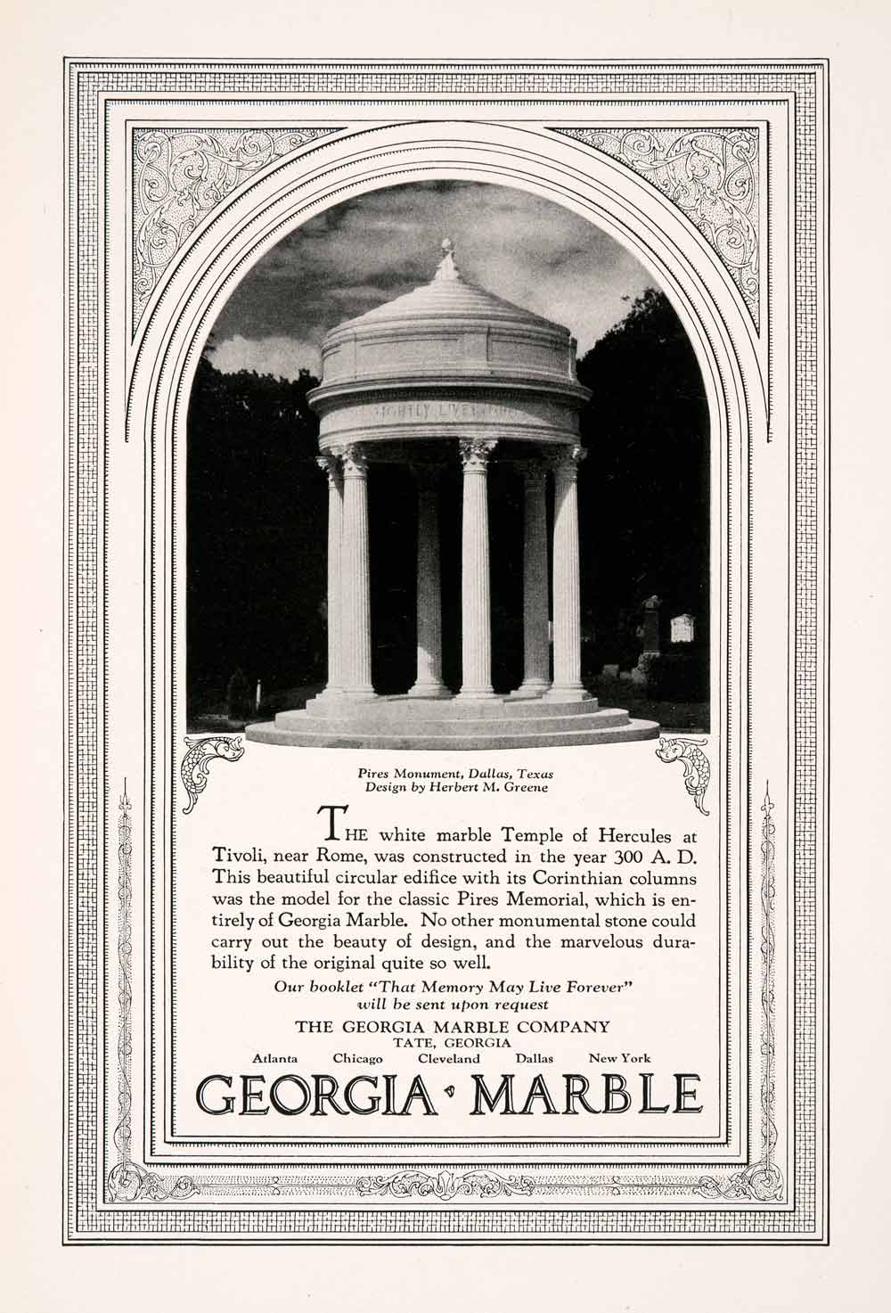 1929 Ad Georgia Marble Pires Monument Dallas Texas Herbert Greene NGM3