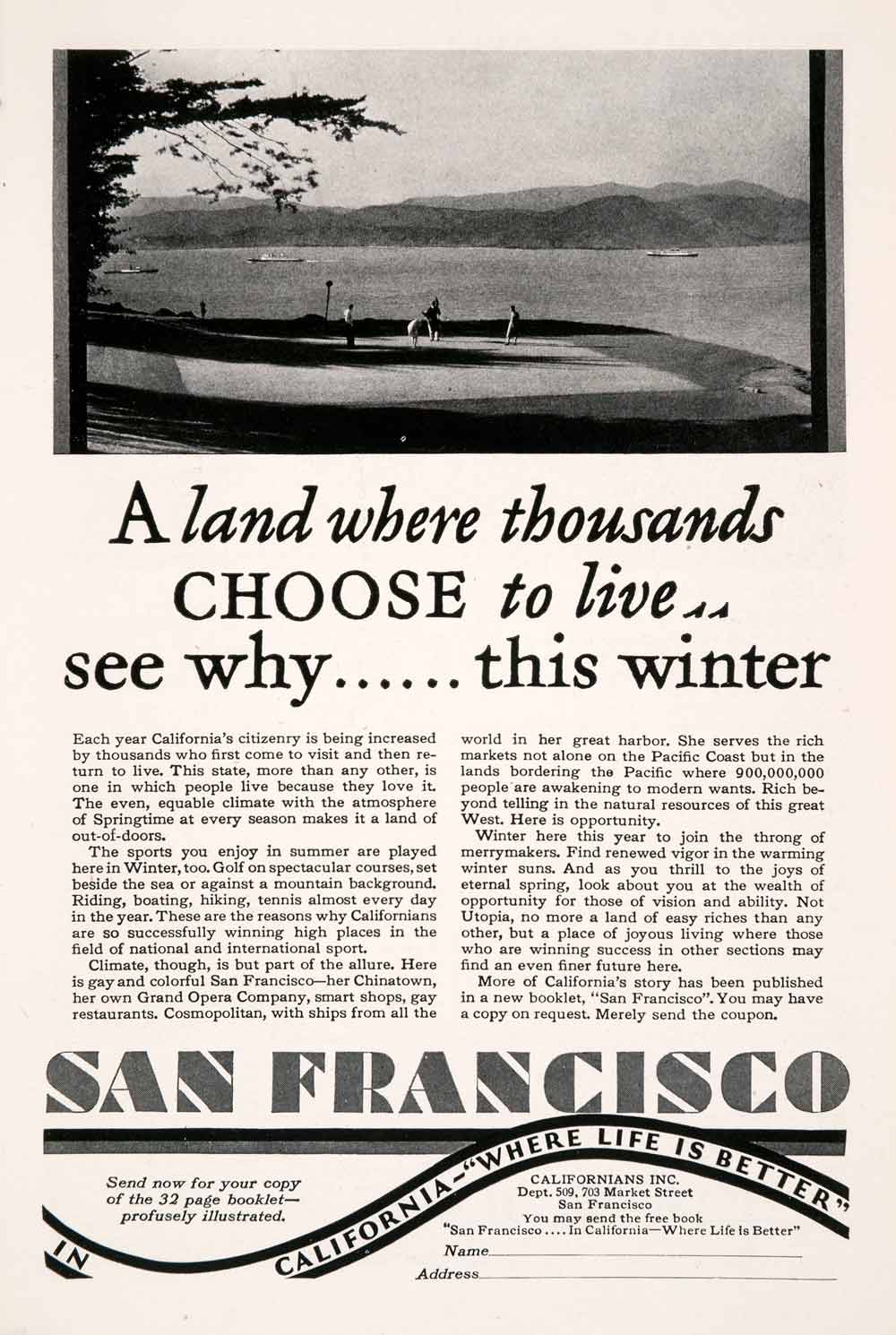 1929 Ad San Francisco California Tourism Bureau Golf Course Links Sports NGM3