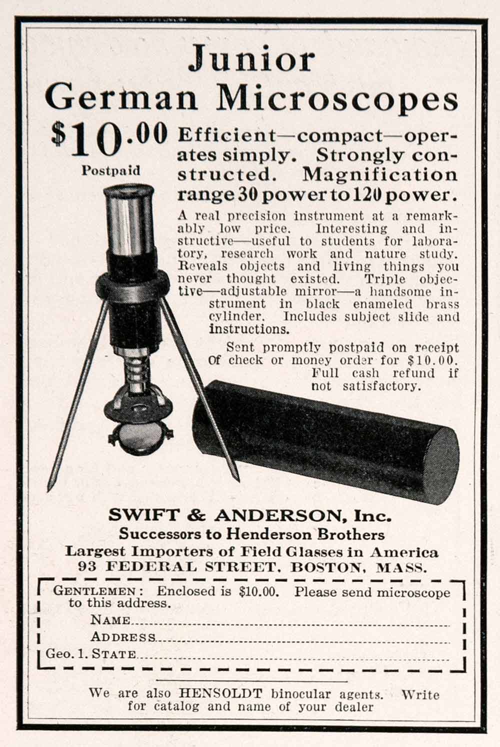 1926 Ad Swift Anderson Junior German Microscopes Science Scientific NGM3