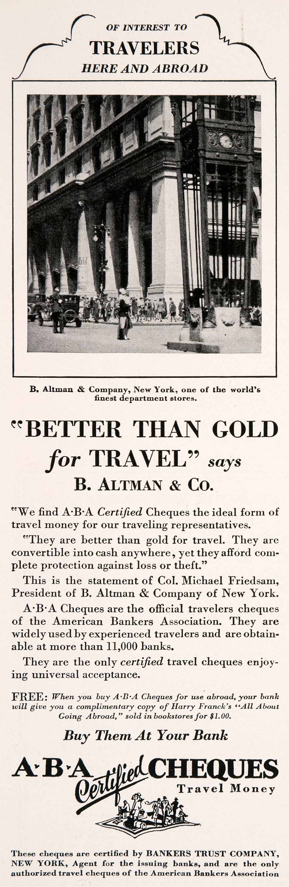 1927 Ad A. B. A. Travelers Cheques Checks B. Altman Department Store NGM3
