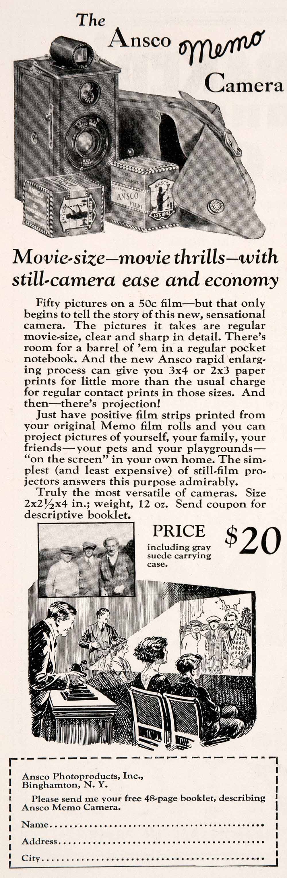 1927 Ad Antique Ansco Memo Camera Photography Slideshow Pricing Binghamton NGM3