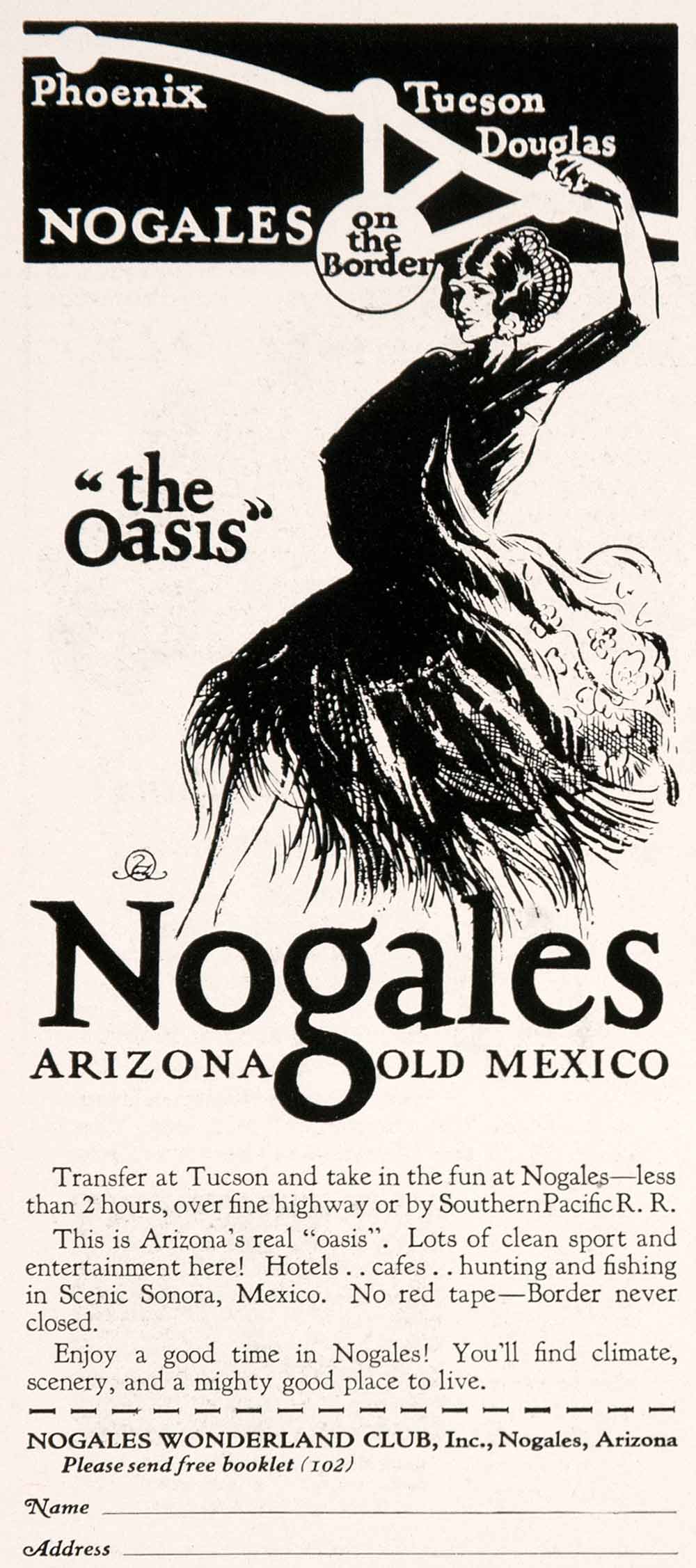 1927 Ad Nogales Arizona Sonora Mexico Travel Tourism Southern Pacific NGM3