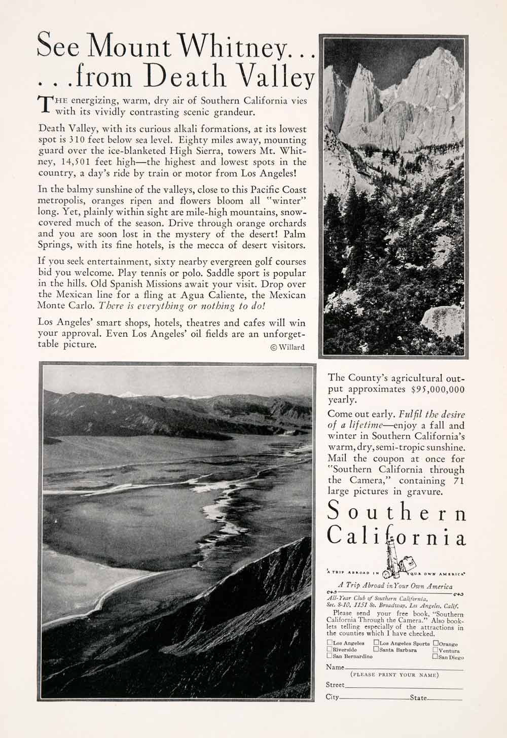 1929 Ad Southern California Tourism All Year Club Mount Whitney Death NGM4 - Period Paper
