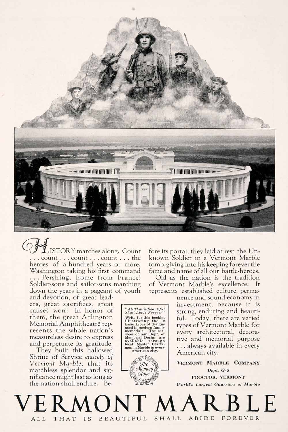1929 Ad Vermont Marble Construction WWI Soldiers Arlington Memorial NGM4