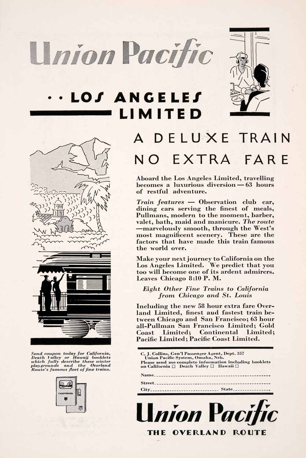 1929 Ad Union Pacific Overland Route Pullman Train Travel Los Angeles NGM4